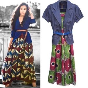 Anthropologie African Skirt full  & Denim Blazer Outfit